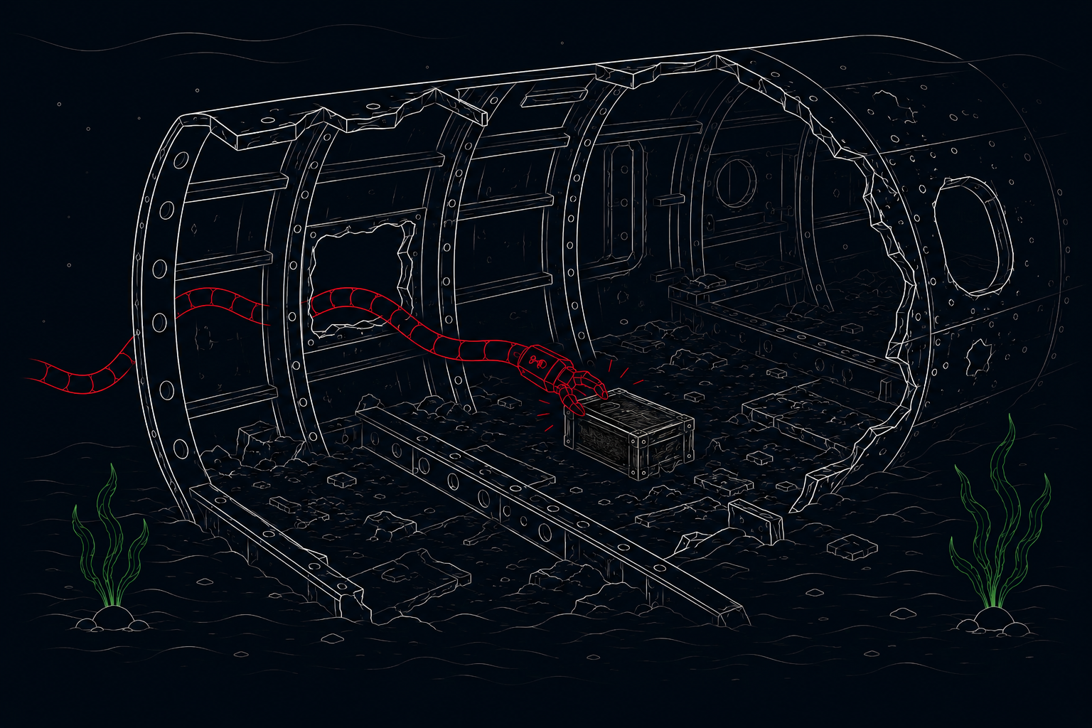 Tentacle-Arm recovering an object from inside a debris-filled subsea wreck structure