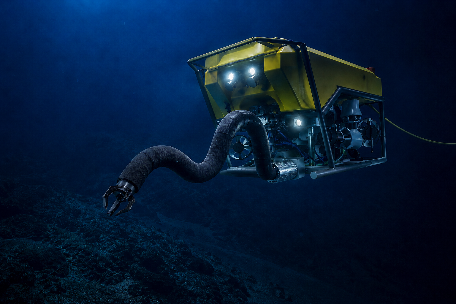 The Tentacle-Arm integrated on an observation-class ROV, operating at depth above the seabed